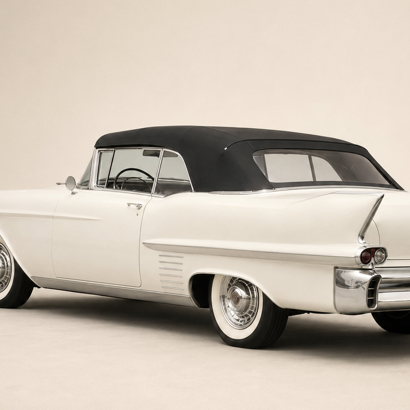 Svart cabriolettsufflett med bakruta – Cadillac & Buick 1957–1958